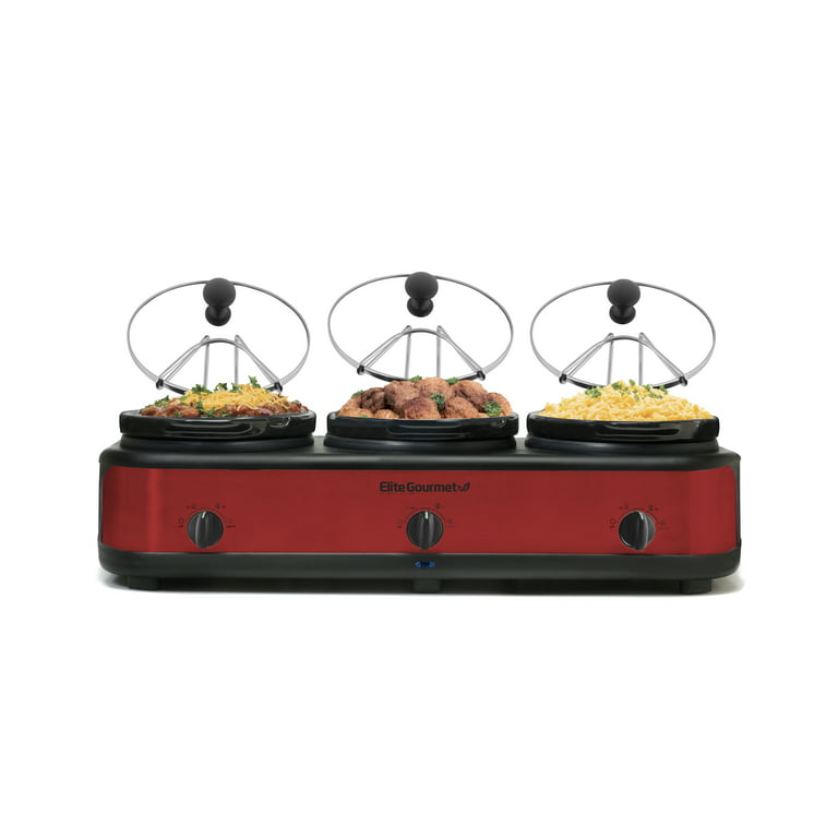 Elite Gourmet EWMST-325R 2.5-Quart Triple Slow Cooker Buffet with Lid Rest,  Red