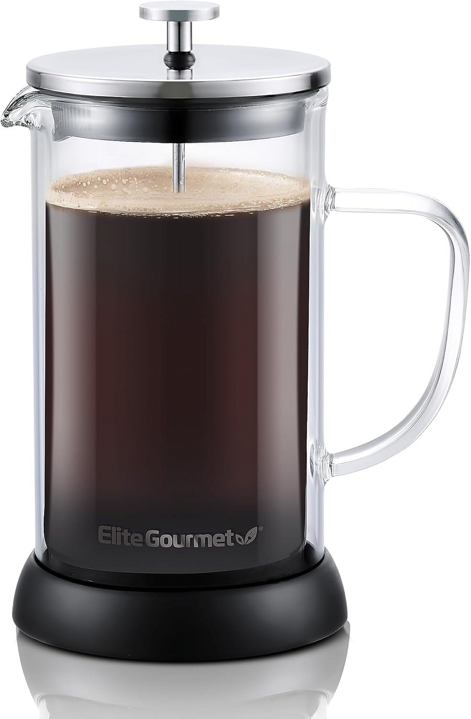 Elite Gourmet FP1223 1 Liter French Press Coffee Maker, Double Wall Insulated Borosilicate Glass Carafe, Dishwasher Safe Stainless Steel Filter/Plunger Assembly, Removable Silicone Base, Easy to Clea