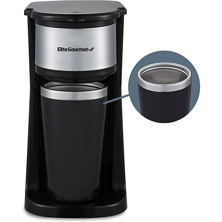 Elite Gourmet EHC113 Personal Single-Serve Compact Coffee Maker Brewer  Includes 14Oz. Stainless Steel Interior Thermal Travel Mug, Compatible with
