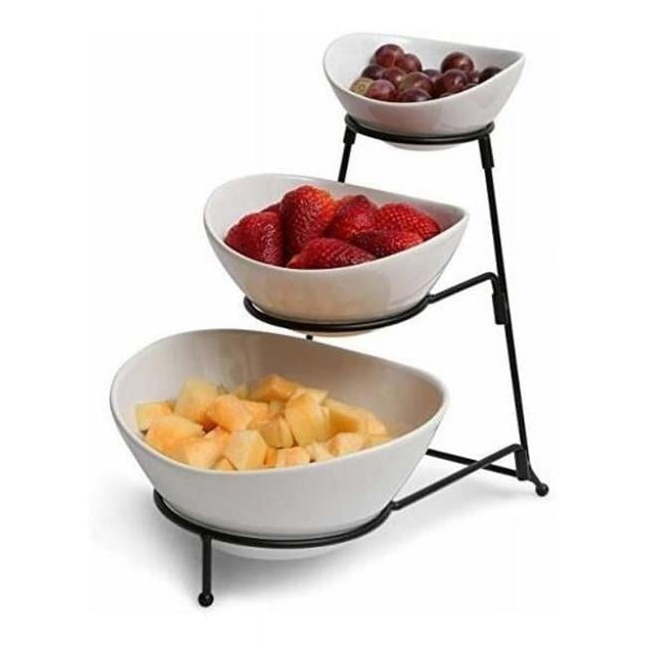 White Ceramic 3-Tier Bowl Server Set with Black Metal Stand
