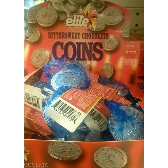 Elite Hanukkah Parve Chocolate Gelt Coins - Box 24 Sacks Bittersweet