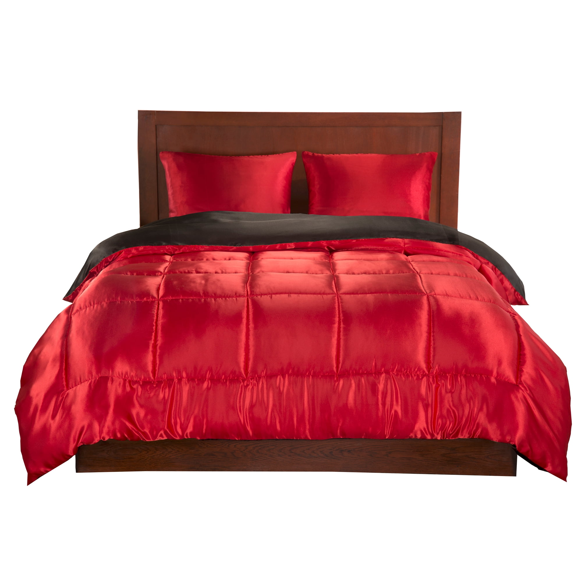 Elite Home 3 Piece Luxury Satin Reversible Comforter Set, King, Red/Black