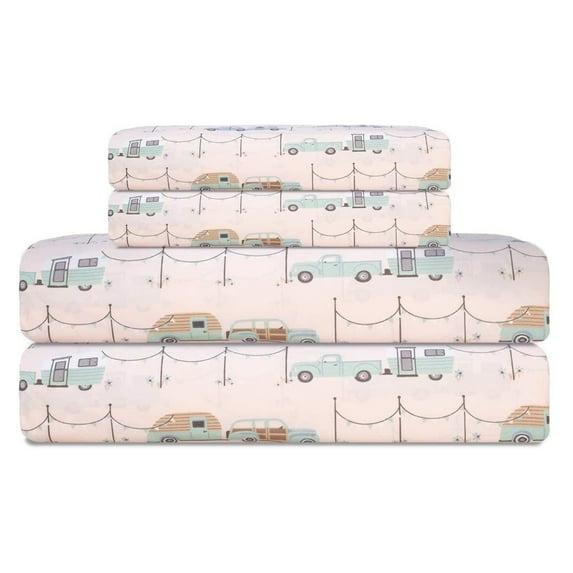 Elite Home Microfiber 90 GSM Bed Sheet Set, Full, Camper Caravan Print