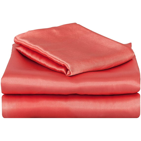 Elite Home Products 4 Piece Super Soft and Silky Satin Sheet Set (Solid/Deep Pocket) (King, Coral)