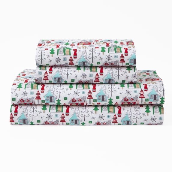 Elite Home Products, Microfiber Holiday Print Sheet Set, Twin, Chalet Village Multi