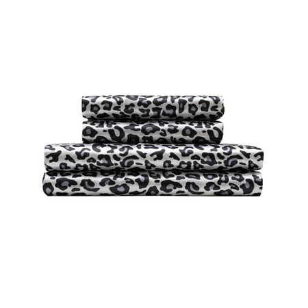Elite Home Set of Satin Polyester Bed Sheets, King, Snow Leopard Print