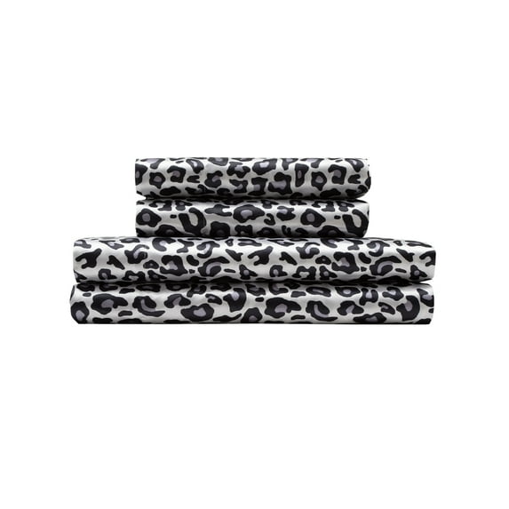 Elite Home Set of Satin Polyester Bed Sheets, King, Snow Leopard Print
