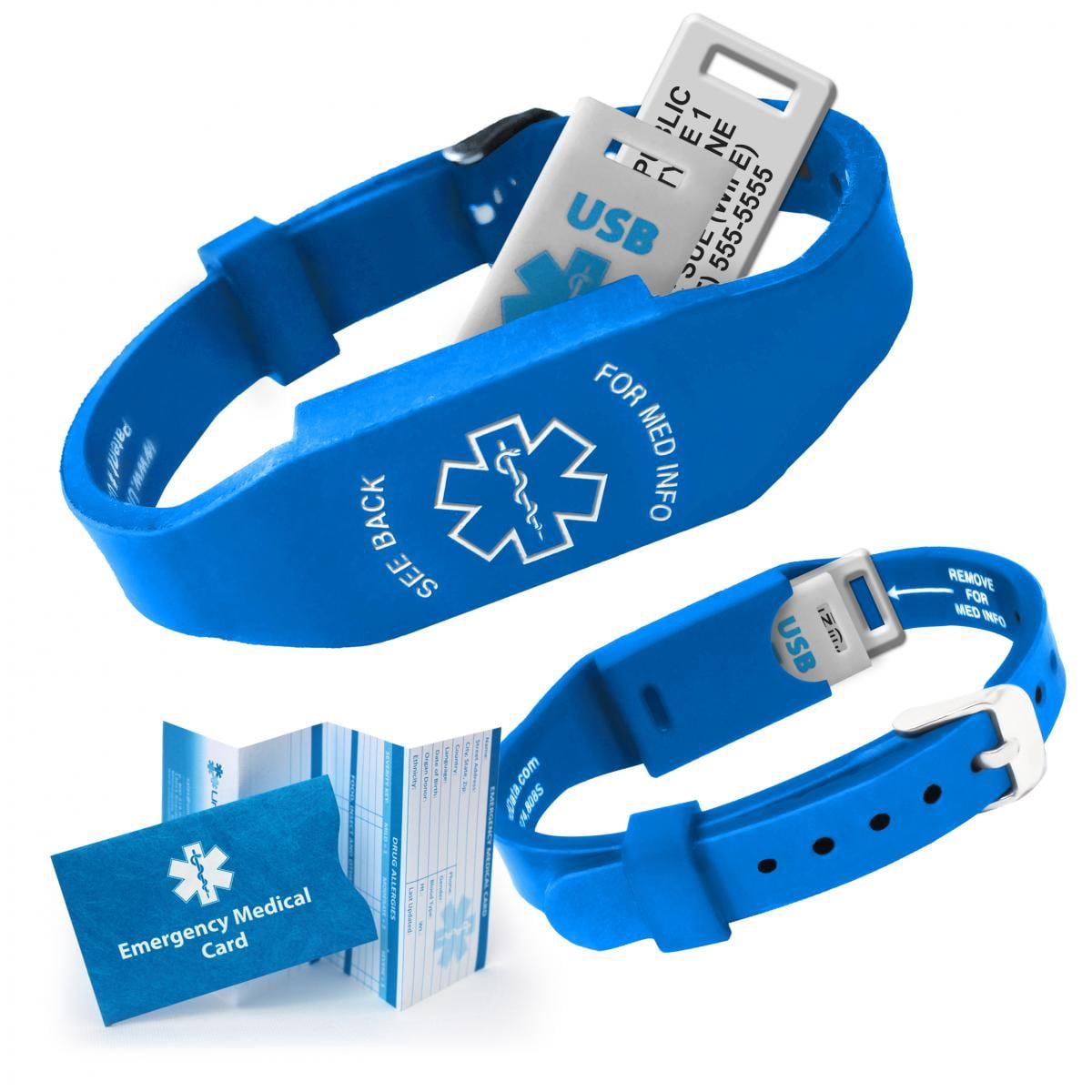 Elite II USB PLUS Medical ID Waterproof Hypoallergenic Silicone Wristband 2GB Waterproof Flash Drive, 10 lines of Customized Laser Engraving, Medical Wallet Card. Complimentary Access PHR (Blue)