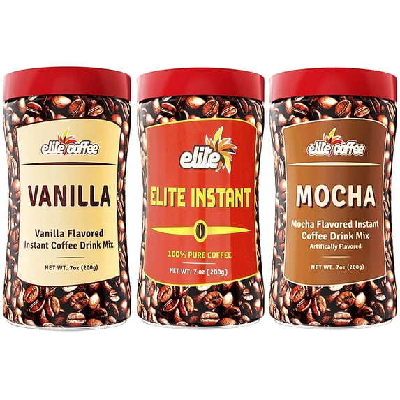 Elite Instant Coffee Variety Pack, 3 Bottles Original, Vanilla & Mocha Flavored Coffee, Delicious Flavors, Product of Israel