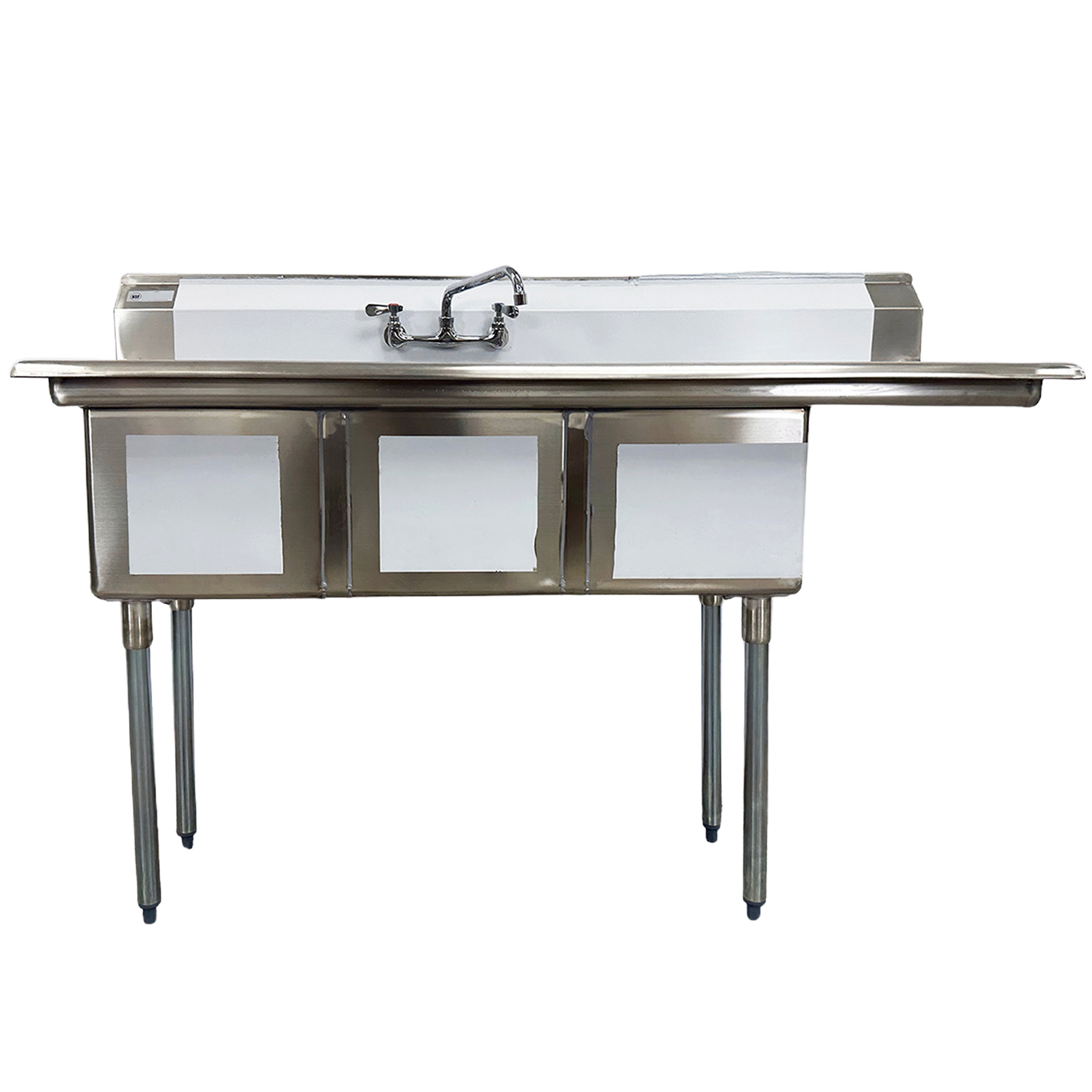 Elite Kitchen 63 in. 3 Compartment Sink with Faucet, NSF Commercial Sink with Right Drainboard in Stainless Steel