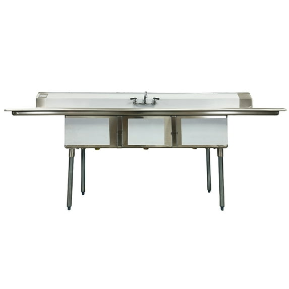 Elite Kitchen 90 in. 3 Compartment Sink with Faucet, NSF Commercial Sink with Drainboard in Stainless Steel