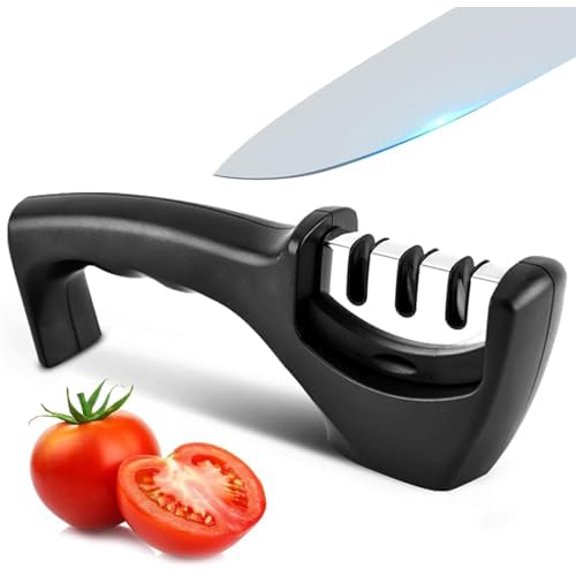 Elite Kitchen Knife Sharpener with 3 Stages, Professional Manual Blade Sharpening System, Ceramic Stone, Tungsten Carbide Plates, Diamond rods, Ergonomic Handle, Non-Slip Base,Stylish Black