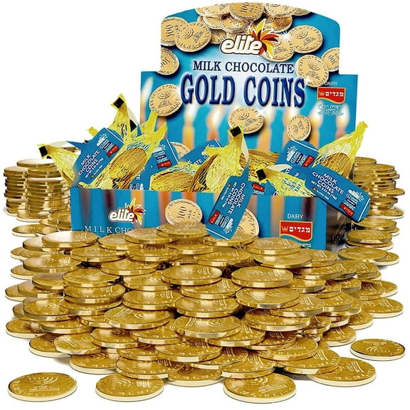 Elite Milk Chocolate Gold Coins, Individually Wrapped, Mesh Bags Filled with Menora Embossed Hanukkah Gelt Coins, Gluten Free, 0.53 Ounce Pack of 24