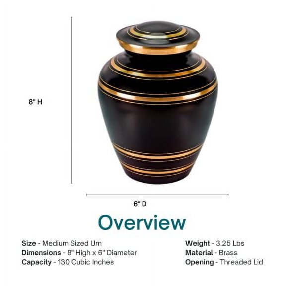 Elite Onyx Urn for Ashes, Medium Black and Gold Cremation Urn, Child Sized Urn, 6 Inches Tall