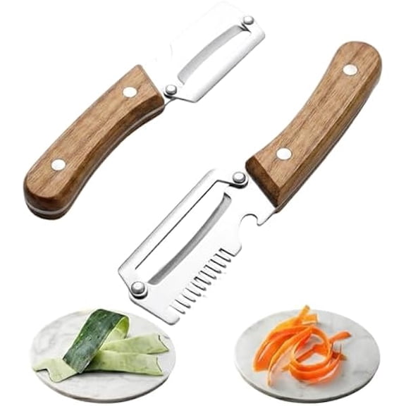 Elite Peeler Knife & Vegetable Shredder 2-Pack, Multi-Functional 2.5mm Stainless Steel Scallion Julienne Slicer with Wood Handle - Multi-Functional High-Efficiency Design for Modern Kit