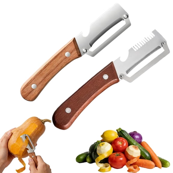 Elite Peeler, Multifunctional Vegetable Peeler, Stainless Steel Kitchen Prep Tool with Wooden Handle and Built-In Bottle Opener