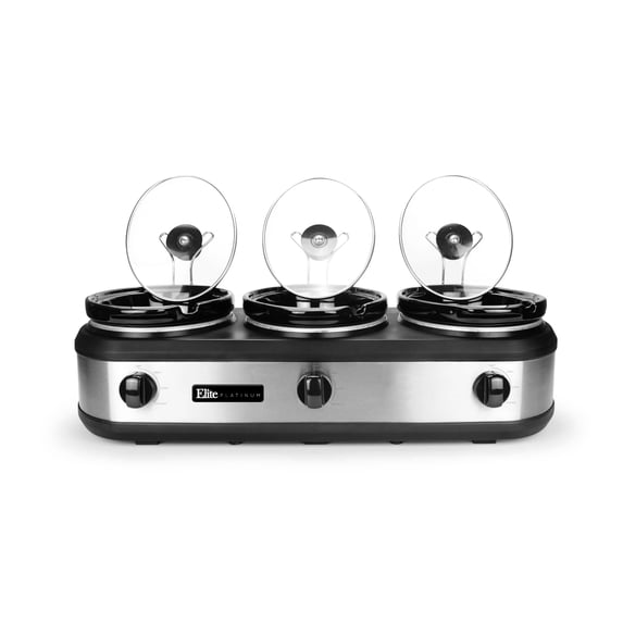 Elite Platinum EWMST-612 3 x 2.5qt Triple Slow Cooker with Lid Rests, Stainless Steel
