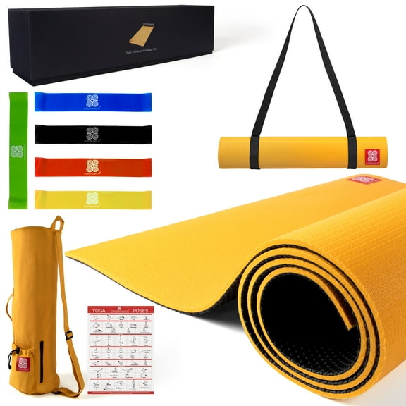 Elite Pro Large Yoga Mat with yoga pose instructions, carrying bag, yoga mat strap, and latex-free resistance bands - non-slip, dense cushioning for joint support & stability