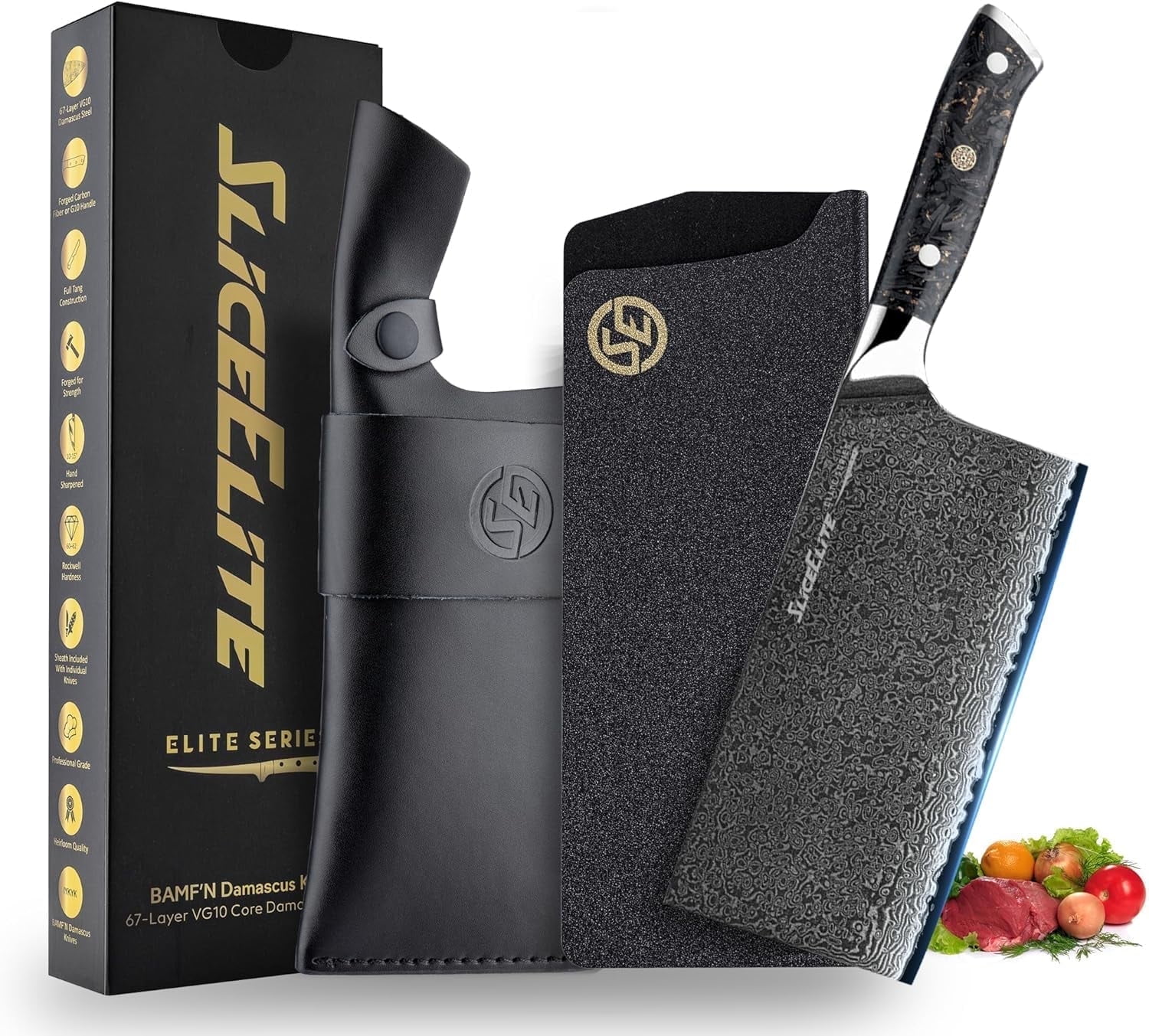 Elite Series 7-Inch Meat Cleaver Knife –Damascus Steel VG10 Core Carbon Fiber Handle with Dual Sheath Polymer & Leather | Butcher Knife for Meat Cutting & Chopper (Cleaver Knife with Leather Sheath)