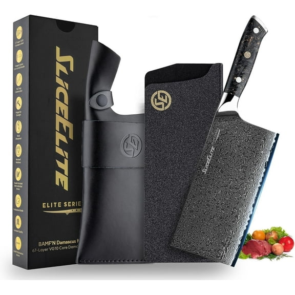 Elite Series 7-Inch Meat Cleaver Knife –Damascus Steel VG10 Core Carbon Fiber Handle with Dual Sheath Polymer & Leather | Butcher Knife for Meat Cutting & Chopper (Cleaver Knife with Leather Sheath)