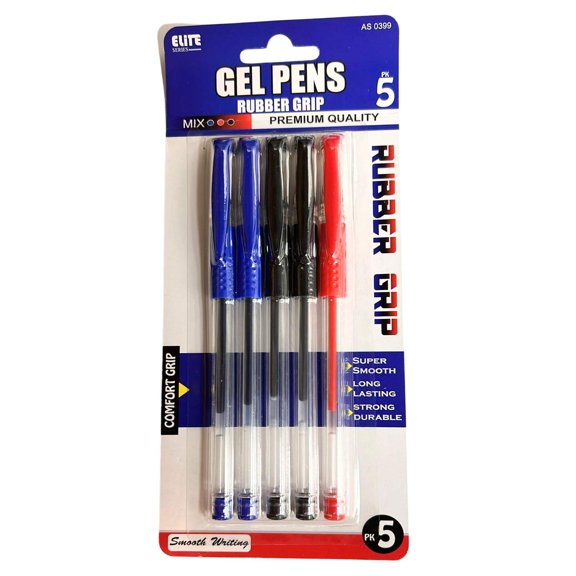 Elite Series –Gel Pens with Rubber Grips-Multi color: 5 Pack