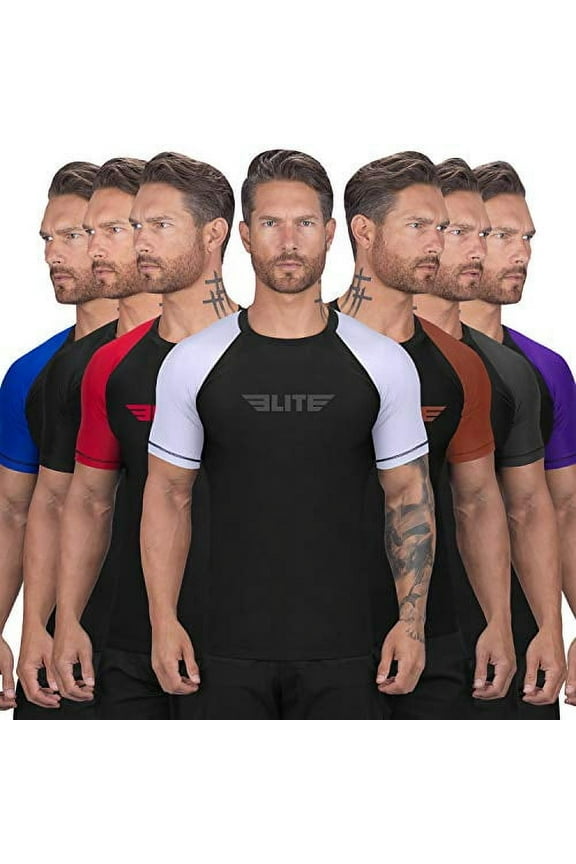 BJJ Jiu Jitsu Rash Guards, Men?s BJJ, No GI, MMA Ranked Short Sleeve Compression Base Layer Rash Guard (White, X-Large)