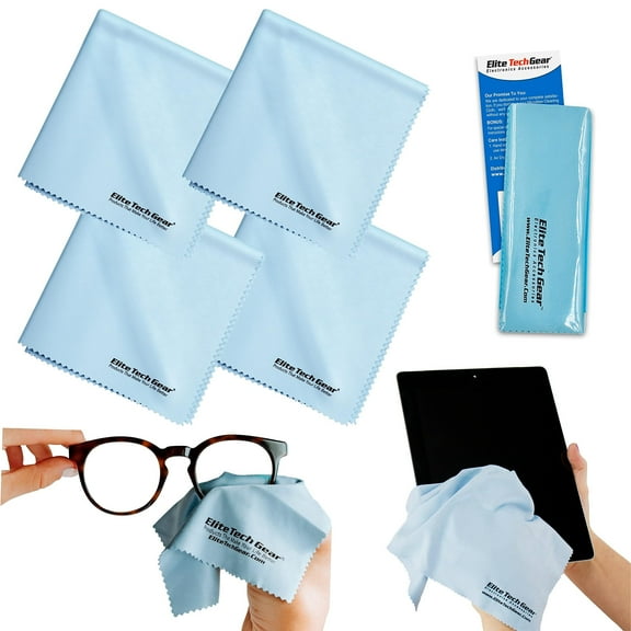Elite Tech Gear, Microfiber Glasses Cleaner, Blue, Lens Cloth, 4 Pack, 12" x 12"