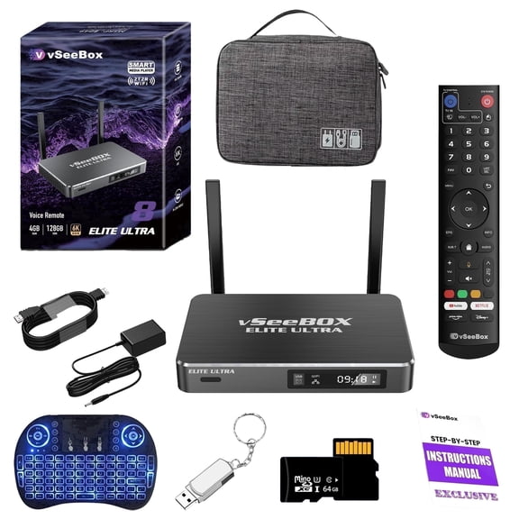 Vseebox Elite Ultra Android TV Box, 4GB RAM 128GB Storage, with Wi-Fi 6, Bluetooth Voice Remote