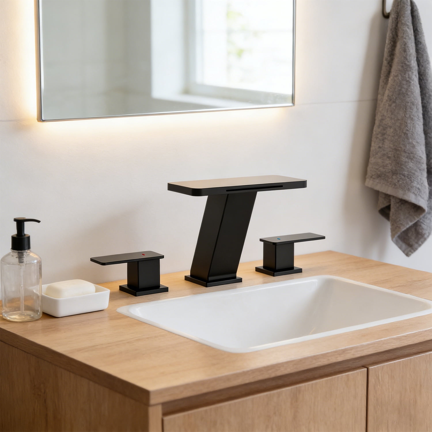 Elite Waterfall 8 in. Widespread 2-Handle Bathroom Faucet, 3-Hole Sink Faucet with Pop-Up Drain, Matte Black