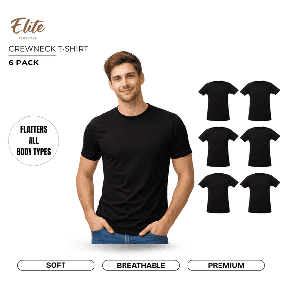 Elite by Cottmark Men’s Crew Neck Premium Soft T-Shirt, Black, Size 4XL, 6-Pack