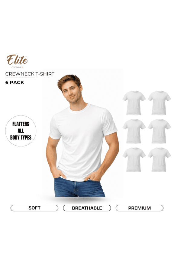 Elite by Cottmark Men’s Crew Neck Premium Soft T-Shirt, White, Size 4XL, 6-Pack