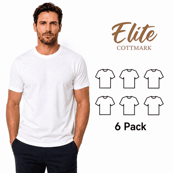 Elite by Cottmark Men’s Crew Neck Premium Soft T-Shirt, White, Size 4XL, 6-Pack