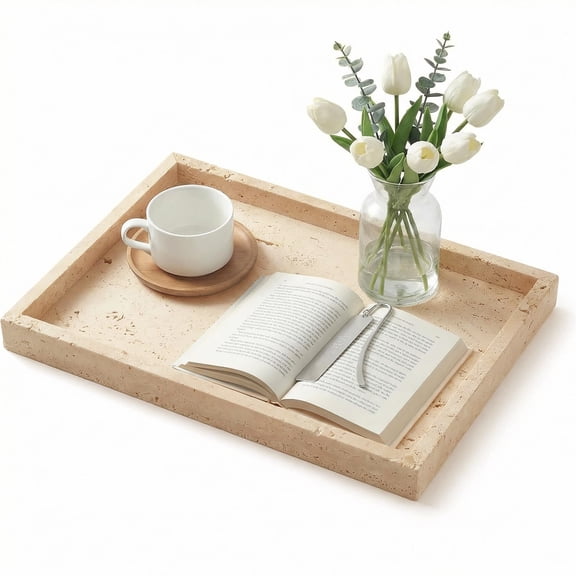 EliteEdge 12x8 Inch Travertine Tray, Natural Yellow Stone Rectangular Vanity Organizer, Decorative Bathroom Perfume & Jewelry Display Tray, Modern Home Décor