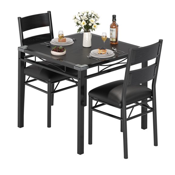 EliteEdge 3-Piece Wood Dining Table Set for 2, Kitchen Table and 2 Upholstered Chairs with Corner Protector, Space-Saving for Apartment or Dining Room,Black