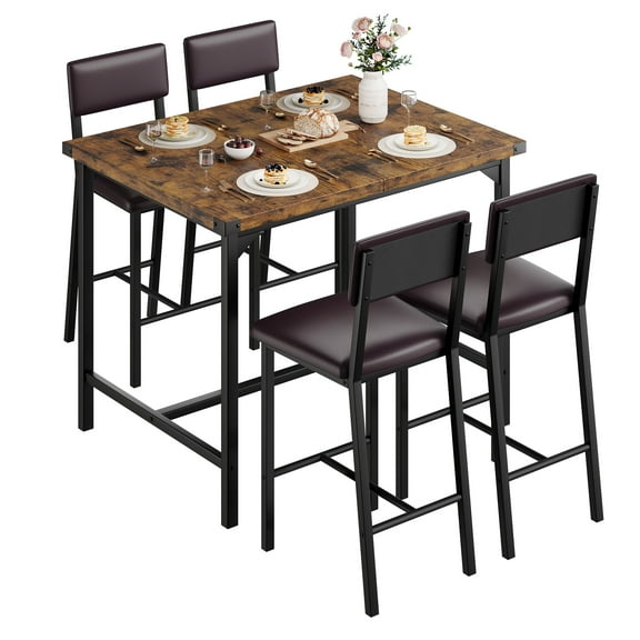 EliteEdge 5-Piece Counter Height Dining Table Set with 4 Upholstered Stools, Industrial Bar Table with Footrest & Metal Corner Protector, Space-Saving for Small Apartment, Kitchen,Retro Color
