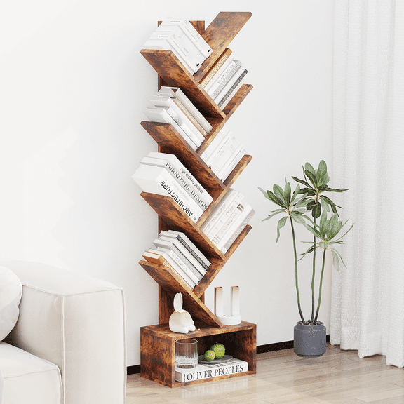 EliteEdge 8-Tier Slant Bookshelf, Space-Saving Corner Bookcase with Anti-Falling Kit, Sturdy MDF Storage Shelf for Living Room, Bedroom, Office, Easy Assembly,Tiger Wood