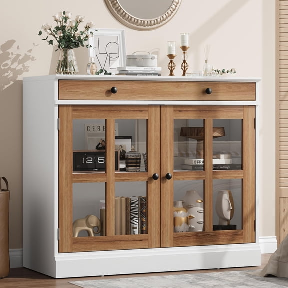 EliteEdge Modern White & Brown Sideboard Buffet Cabinet, Glass Doors, Drawer, Adjustable Shelf, Swedish Oak Front, Tall Storage for Dining Room, Kitchen, Entryway, White + Swedish Oak