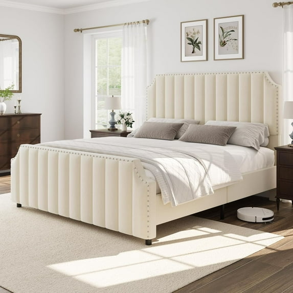 EliteEdge Queen Size Velvet Upholstered Platform Bed Frame with 50.2" Tall Tufted Headboard, Nailhead Trim, No Box Spring Needed, Beige