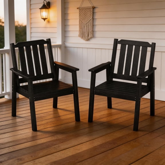 EliteEdge Set of 2 23.9" Wide HDPE Patio Dining Chairs, 650LBS Capacity All-Weather Armchairs with Slatted Seat, Heavy Duty Modern for Garden, Poolside, Deck,Black