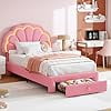 EliteEdge Upholstered LED Platform Bed Frame with Storage Headboard & Drawer, Adjustable Velvet Bed, Wood Slat Support, No Box Spring Needed, Easy Assembly,Twin-XL,Pink