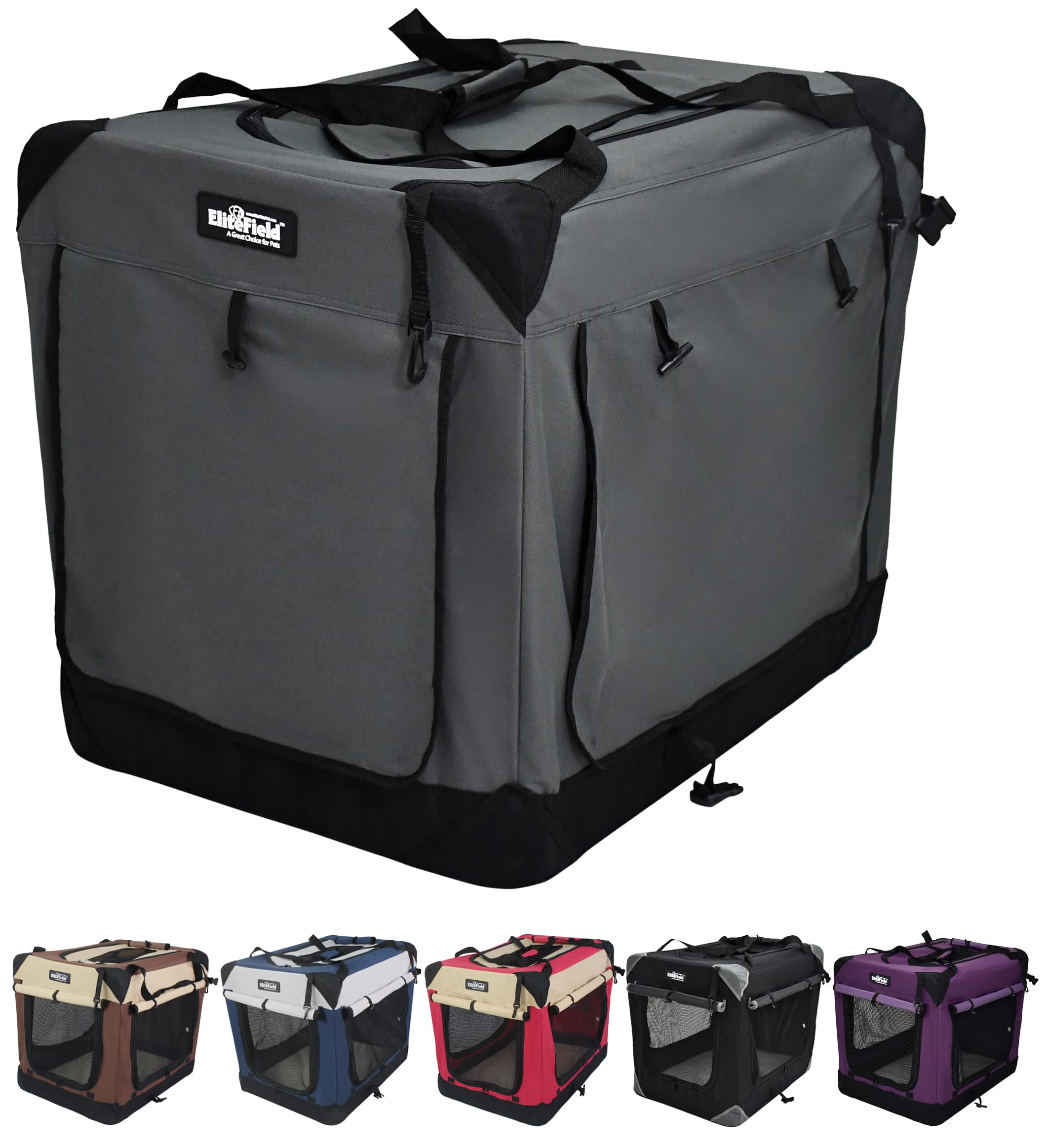 Curated visual reference: Picture Idea: Elitefield 4 Door Folding Soft Dog Crate Att1With Curtains Carrying