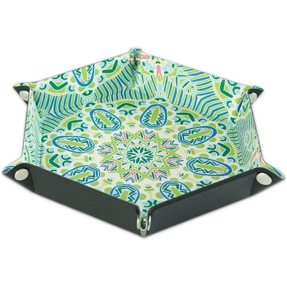 EliteGadget Desk Organizer for Table, Night Stand, Desk, Workplace - PU Leather Hexagon Shaped Organizer Store Keys, Money, Pens, Glasses, Jewelries, and Accessories (Green Mandala, 6.5 Inch)