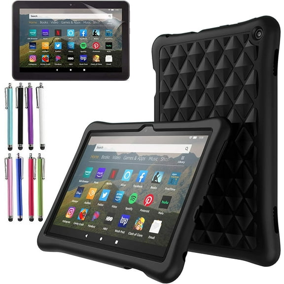 EliteGadget Silicone Case for Amazon Fire HD 8 / Fire HD 8 Plus (12th Generation, 2024/2022 Released) - Lightweight Diamond Grid Protective Silicone Cover Case + 1 Stylus and 1 Screen Protector