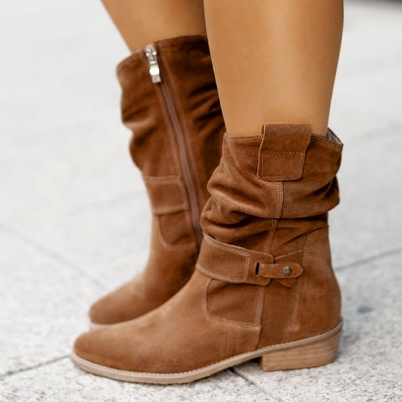 EliteGoogv Ankle Boots For Women Slouchy Ruched Side Zipper Womens Ankle Boots Low Block Heel Cushion Low Heel Boots Winter Casual Versatile Fall Boots Brown