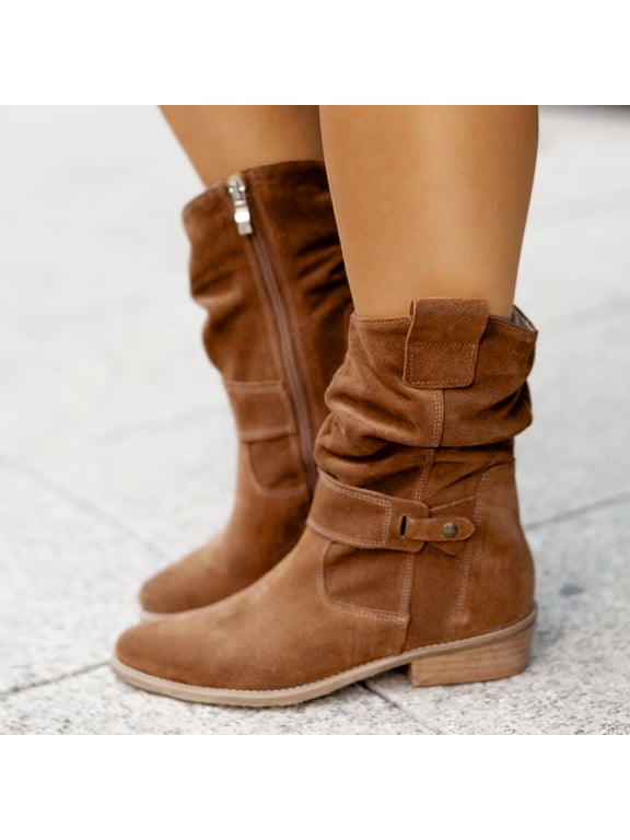 Ankle Boots For Women Slouchy Ruched Side Zipper Womens Ankle Boots Low Block Heel Cushion Low Heel Boots Winter Casual Versatile Fall Boots Brown