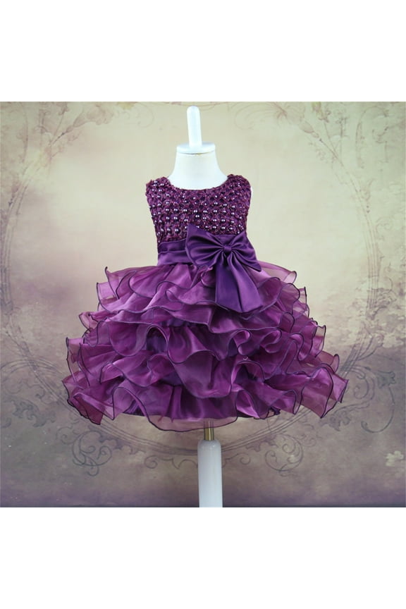 Baby Girls Sleeveless Beaded Bodice Ruffled Layer Tulle Dress Big Bow Waist Princess Pageant Gown Wedding Flower Girl Party Dress,Purple,110
