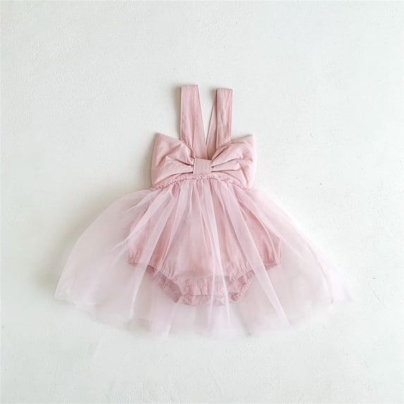 EliteGoogv Baby Girls Spaghetti Strap Tulle Romper Dress Big Bow Back Fluffy Ruffled Layer Outfit Photo Birthday Celebration Gown,Pink,90