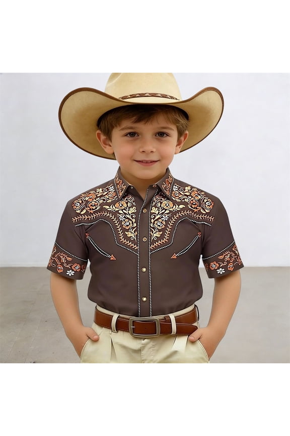 Big Boys T-shirt Short Sleeve Collared Tops Button Up Cowboy Style Cute Style Stretchy Tee Tops School Daily Wear Summer Fall Casual Blouses,Brown,14-15 Years