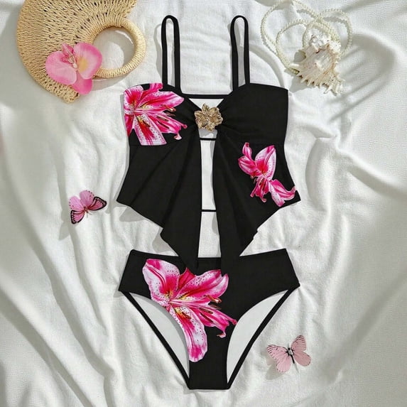 EliteGoogv Bikini Sets For Girls Cute Printed Two Piece Swimsuit Summer Beach Pool Vacation Swimwear Black