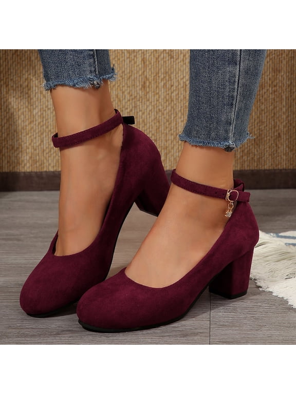 Block Heel Pumps For Women Suede Ankle Strap Block Heel Pumps For Women Low Heel Ankle Strap Heels Versatile Everyday Dress Heels Red